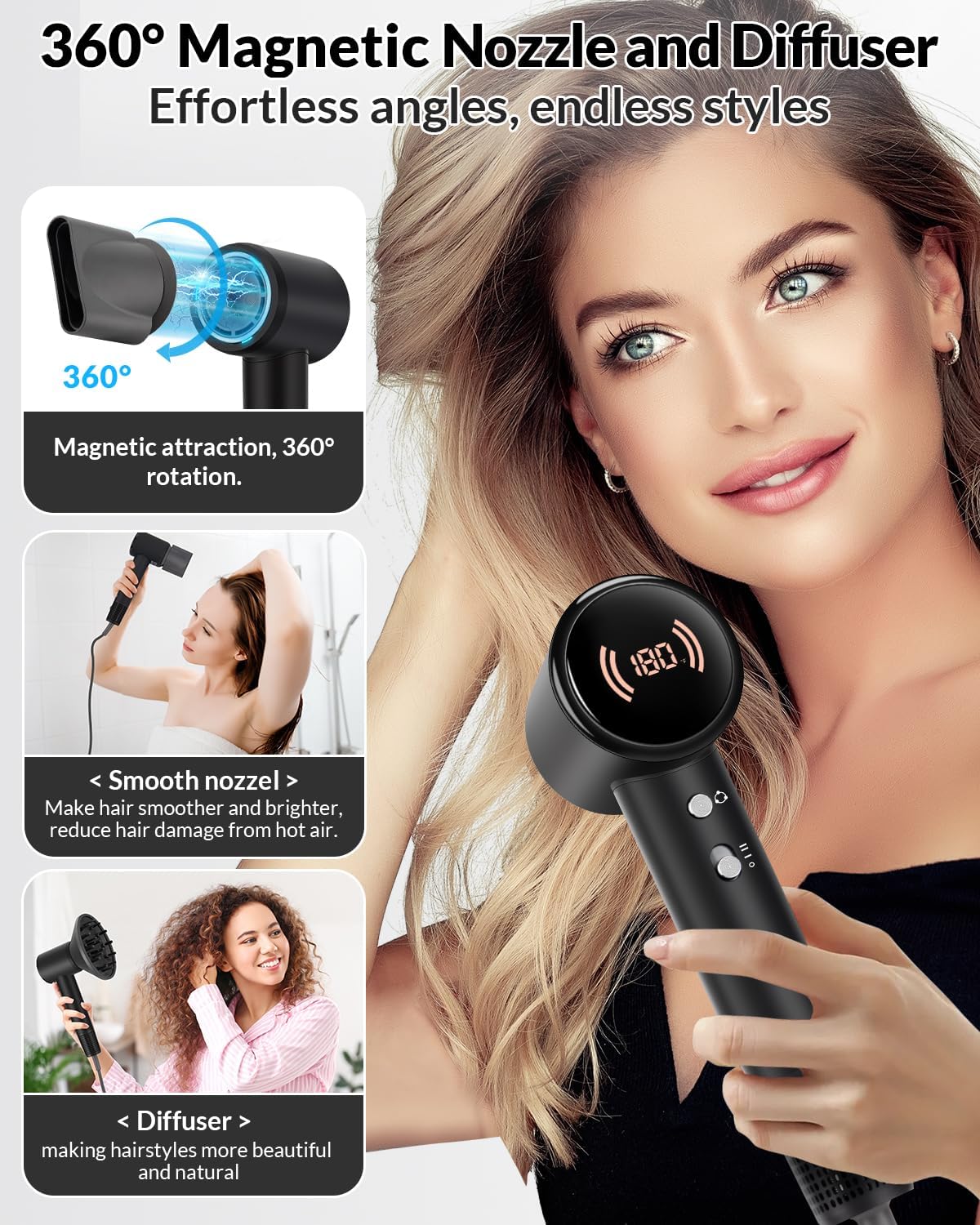 Ionic Hair Dryer - High-Speed 1600W Diffuser for Fast Drying | Lightweight & Low Noise (Black)