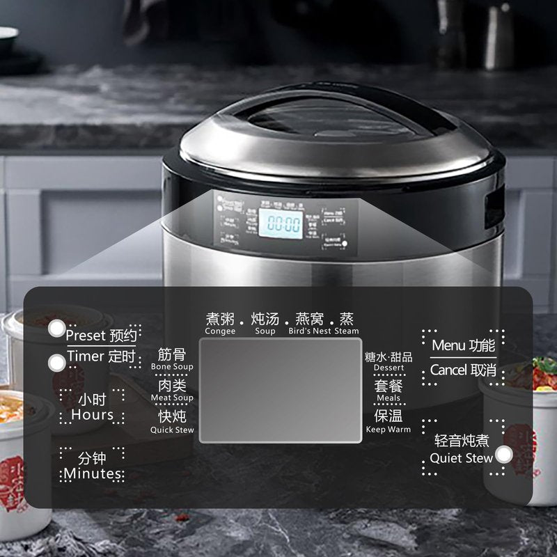 Joydeem Electric Stew Pot, 8.5Qt Stainless Steel Inner Pot with 5 Ceramic Liners (3.5L + 4 × 0.45L), Dual Cooking Modes, Brushed Stainless-Steel Exterior, For Soup, Congee & Bird’s Nest, DDG-B350