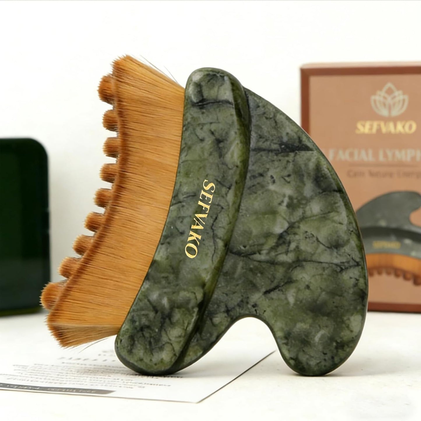 SEFVAKO Lymphatic Contour Face Brush, Dual-Ended Dry Brush + Cool-Touch Jade Gua Sha Edge, 0.075mm Ultra-Soft Bristles Gua Sha Facial Tools, for Lymphatic Drainage, Less Puffy Look, Sculpt & Relax