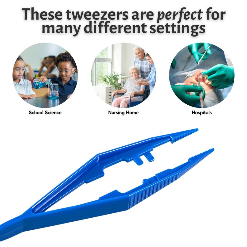Vakly Disposable Plastic Forceps Tweezers Blue (10 Pack) – Serrated Tip Pickup Tweezers with Finger Ridges & Narrow Points for First Aid, Medical, Lab, Crafts & School Science