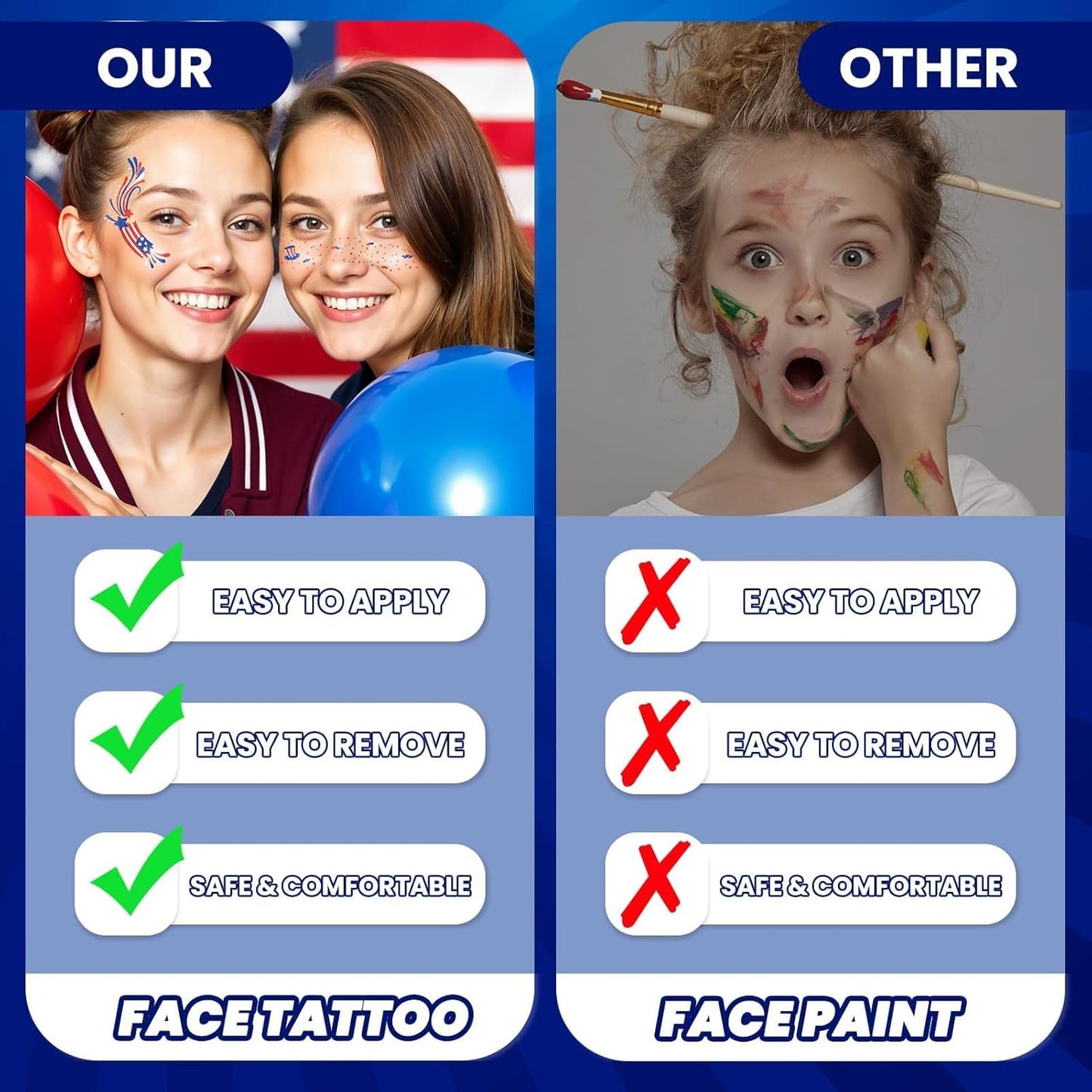 4th of July Face Tattoos - Glitter Freckles & Red White Blue Gems | Patriotic Makeup Accessories for Independence Day