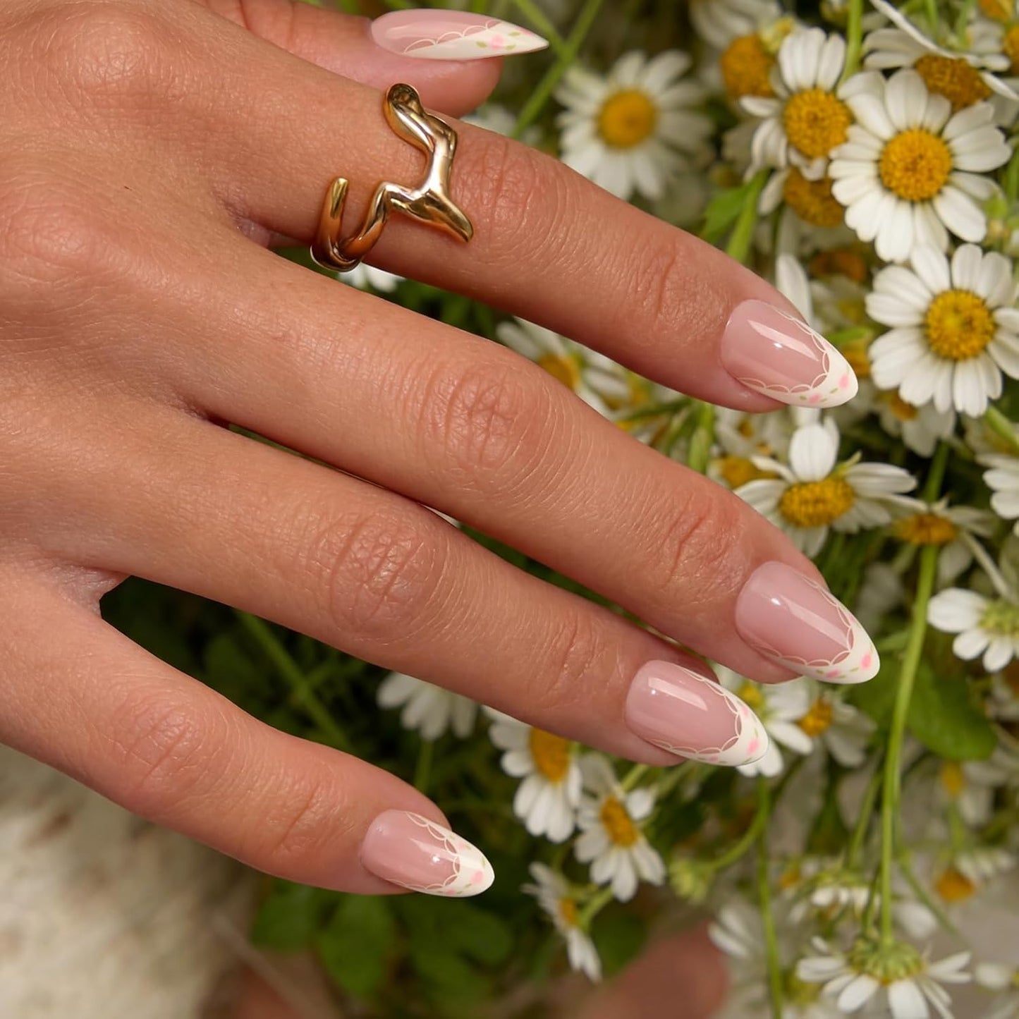 French Tip Press On Nails - Sunprint Dress | Lamp-Curable 4-Week Wear, Pink Short Almond, 16 Sizes, 32 Nails Kit