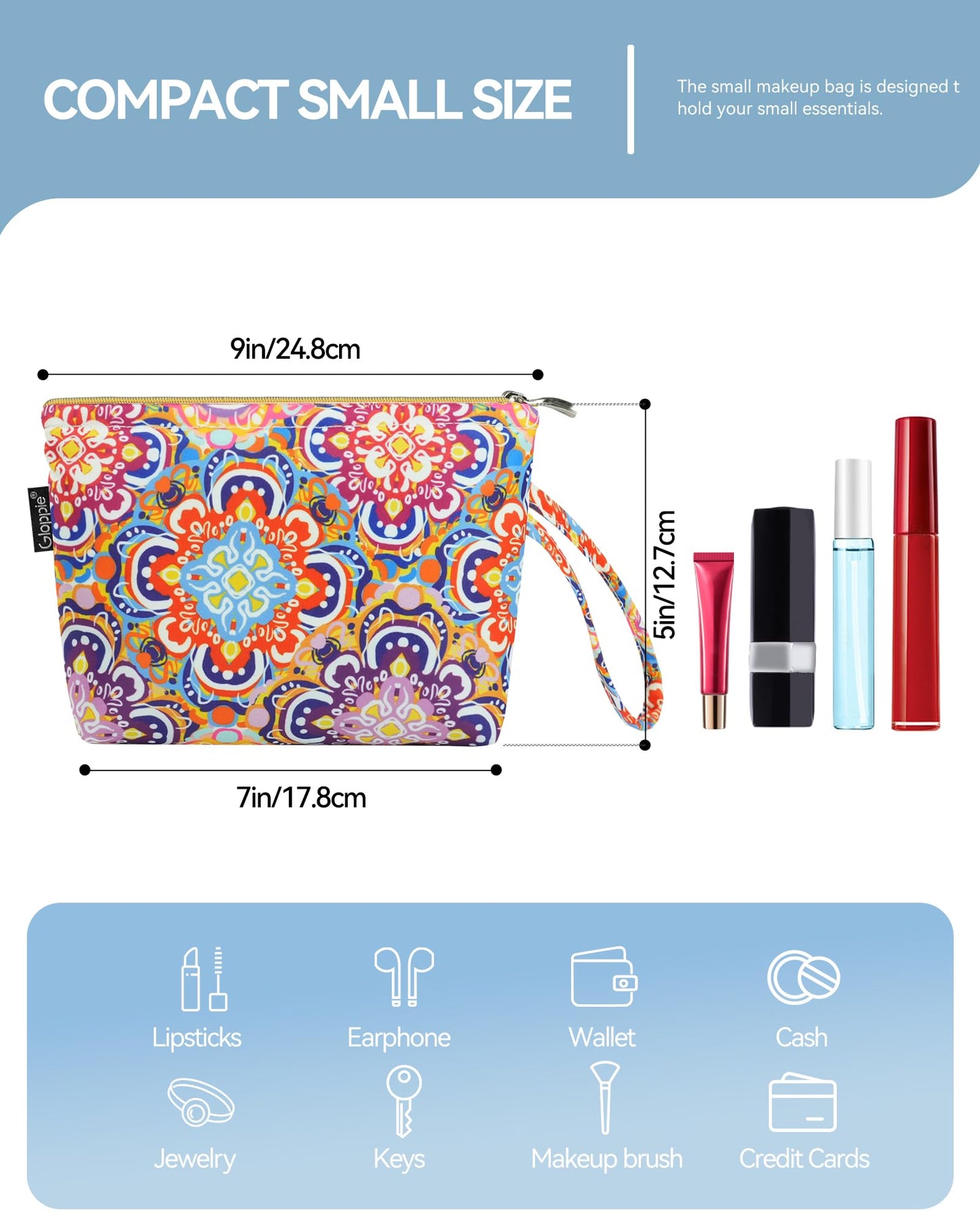 Gloppie Small Makeup Bag for Purse - Bohemian Cosmetic Bag for Women | Zipper Makeup Pouch Teacher Appreciation Gifts