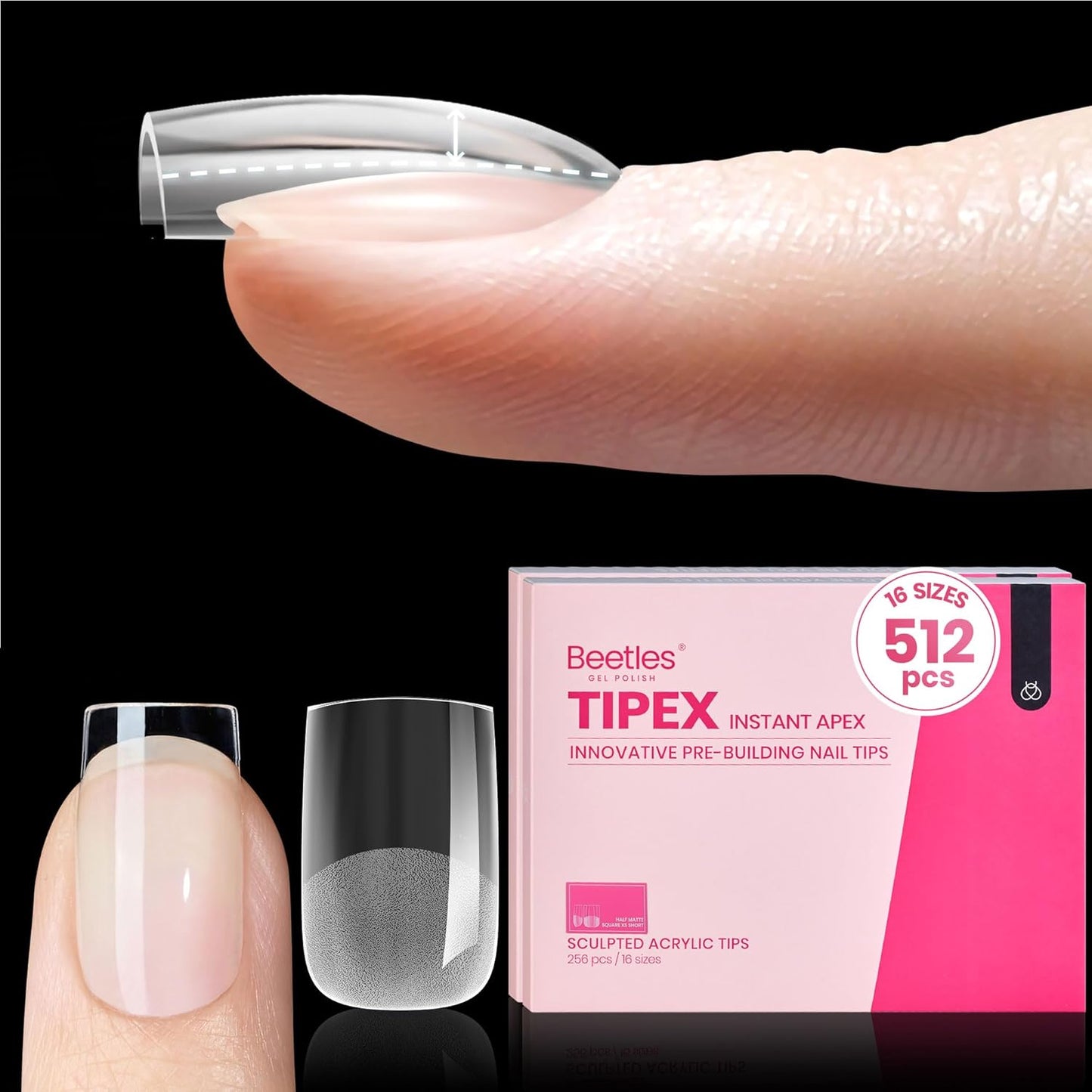 Beetles Instant Apex Nail Tips - Long Square Acrylic Tips, 192pcs, 16 Sizes 00–14 | No Builder Gel Needed