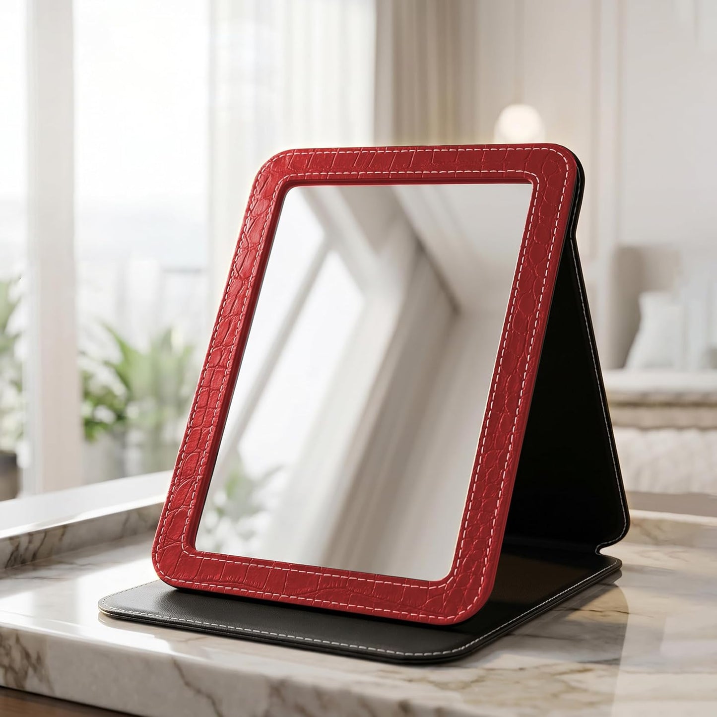 Foldable Desk Mirror - Blue Adjustable Angle Travel Mirror with PU Edge Cover | 6.5×8.9”