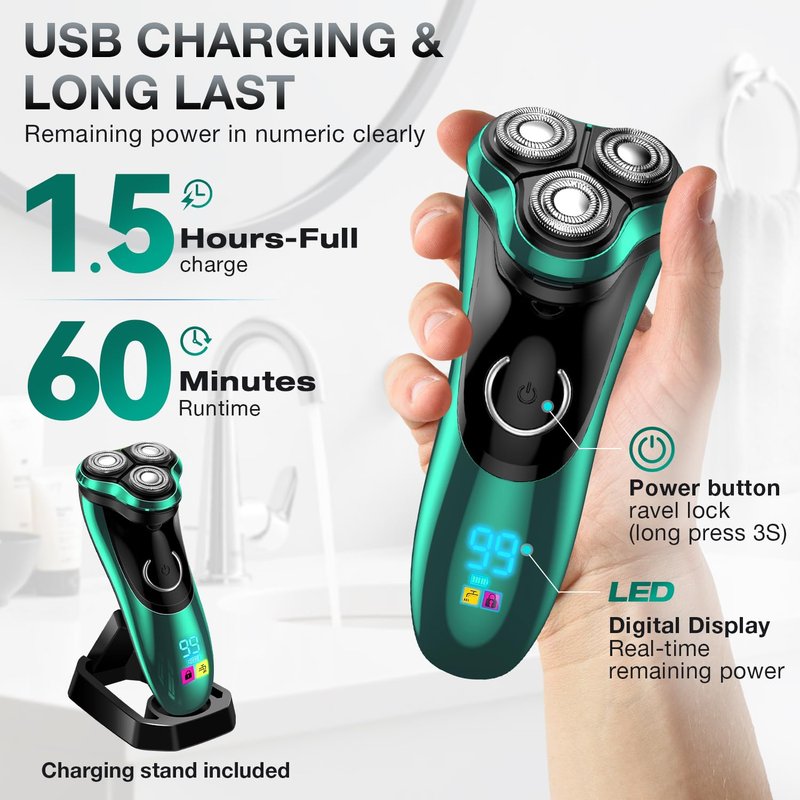 Electric Razor for Men, Cordless Rechargeable Rotary Shaver with Charging Stand, Wet & Dry IPX6 Waterproof Electric Shaver with Pop-Up Trimmer for Face & Travel (Green-1)