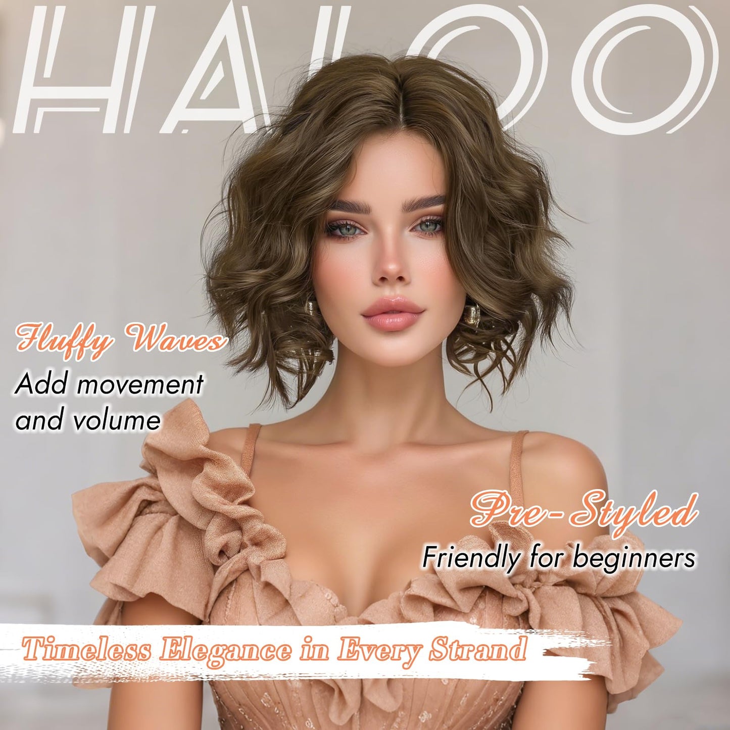 Haloo Brown Bob Wig for Women Lace Front Hairline Short Soft Wavy Curly Natural Looking Middle Part Synthetic Hair Wigs for Daily Party, 11 Inch Chestnut Brown