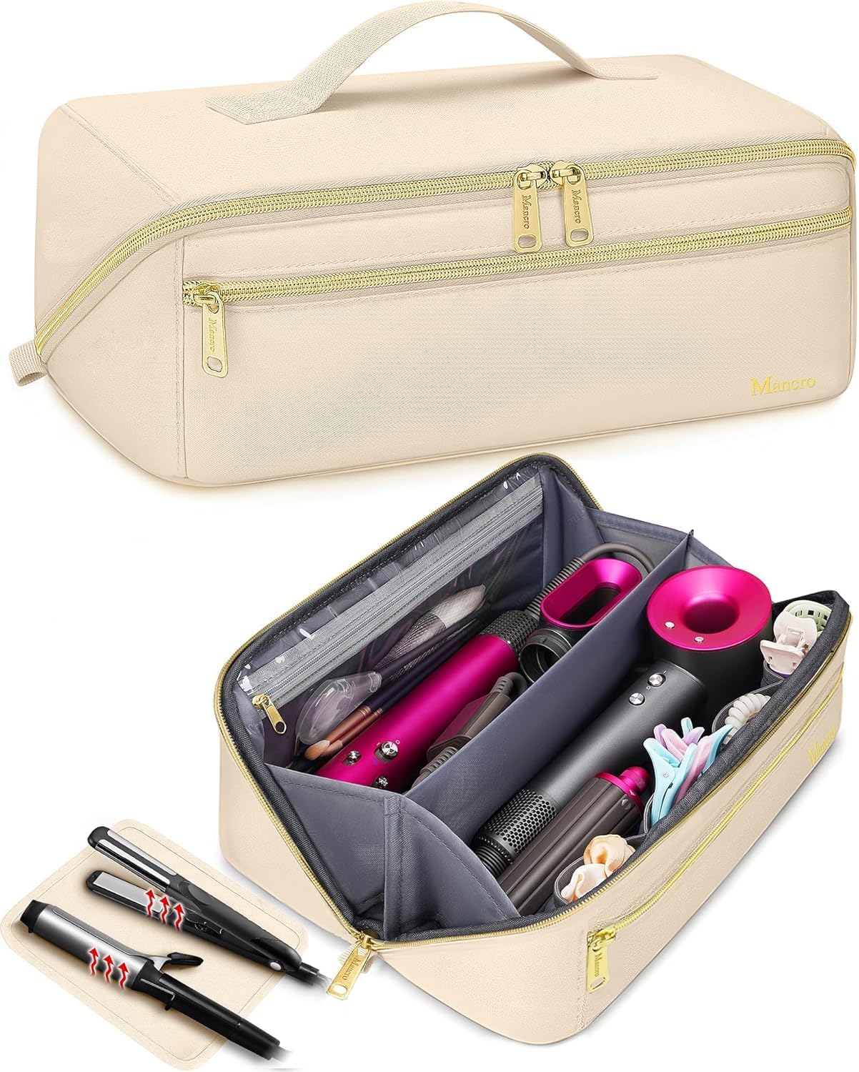 Mancro Travel Hair Tools Bag - Heat Resistant Mat & Large Capacity Organizer for Curling Irons | Perfect for Women