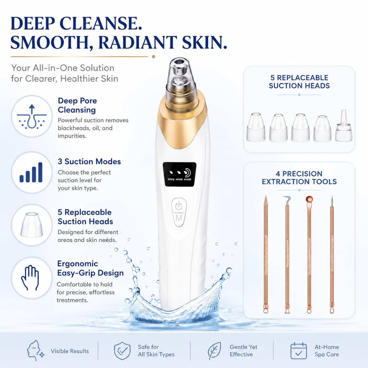 2026 Blackhead Remover with 5 Suction Heads & 4 Gold Extraction Tools, Electric Blackhead Vacuum Pore Vacuum for Deep Facial Cleaning, USB Rechargeable for Women & Men-Khaki