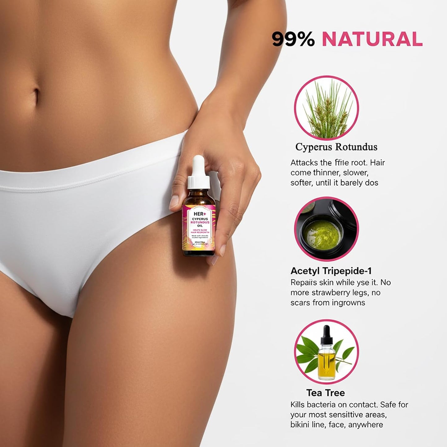 Her+ Hair Removal Oil - 60ml Organic Cyperus Rotundus Serum for Smooth Skin | Moisturizing & Soothing with Peppermint
