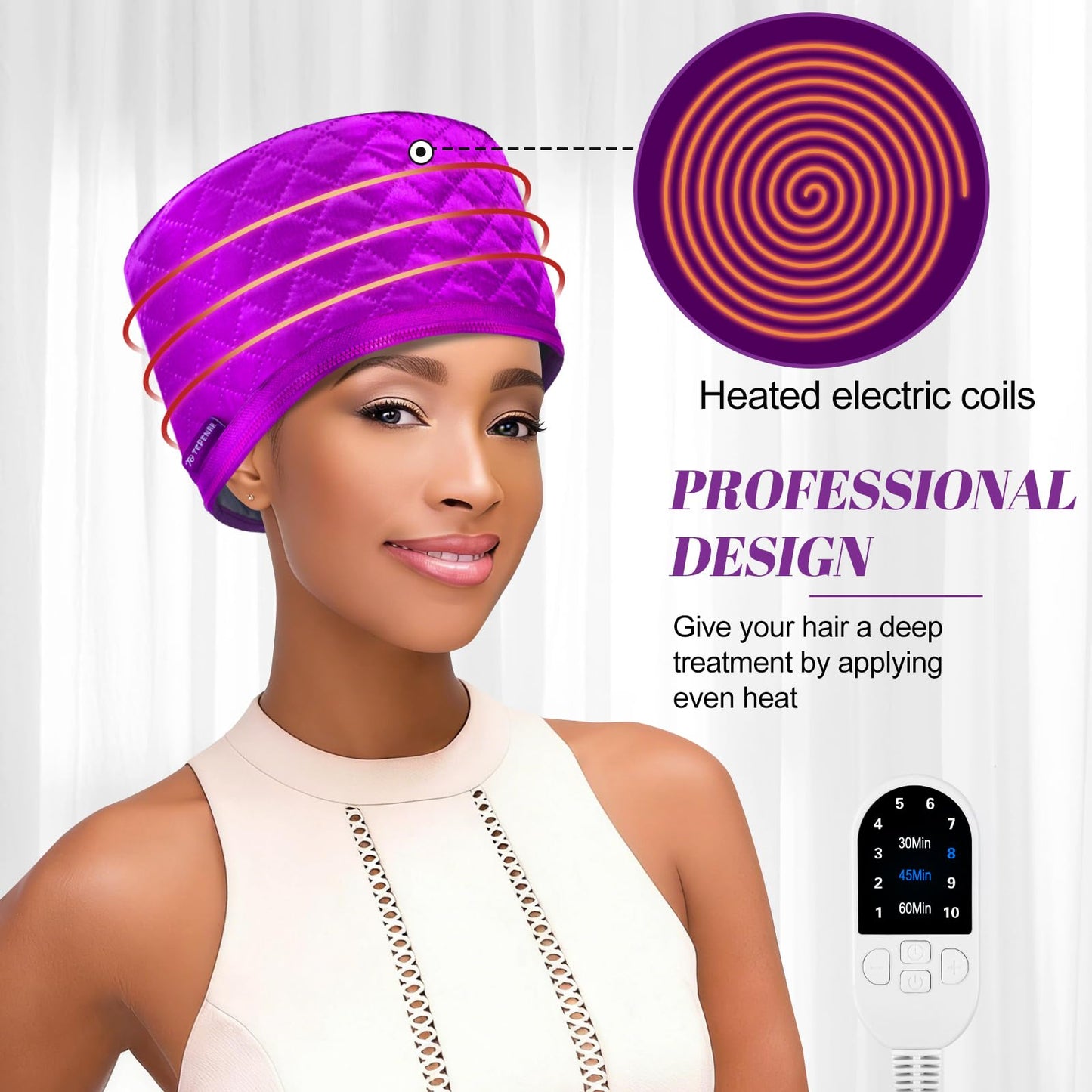 TEPENAR Hair Steamer for Deep Conditioning: Upgraded Heat Cap with 10-Level Fast Heating 3 Time Settings for Natural Hair Portable Thermal Steam Cap for Home Hair Treatment - Purple
