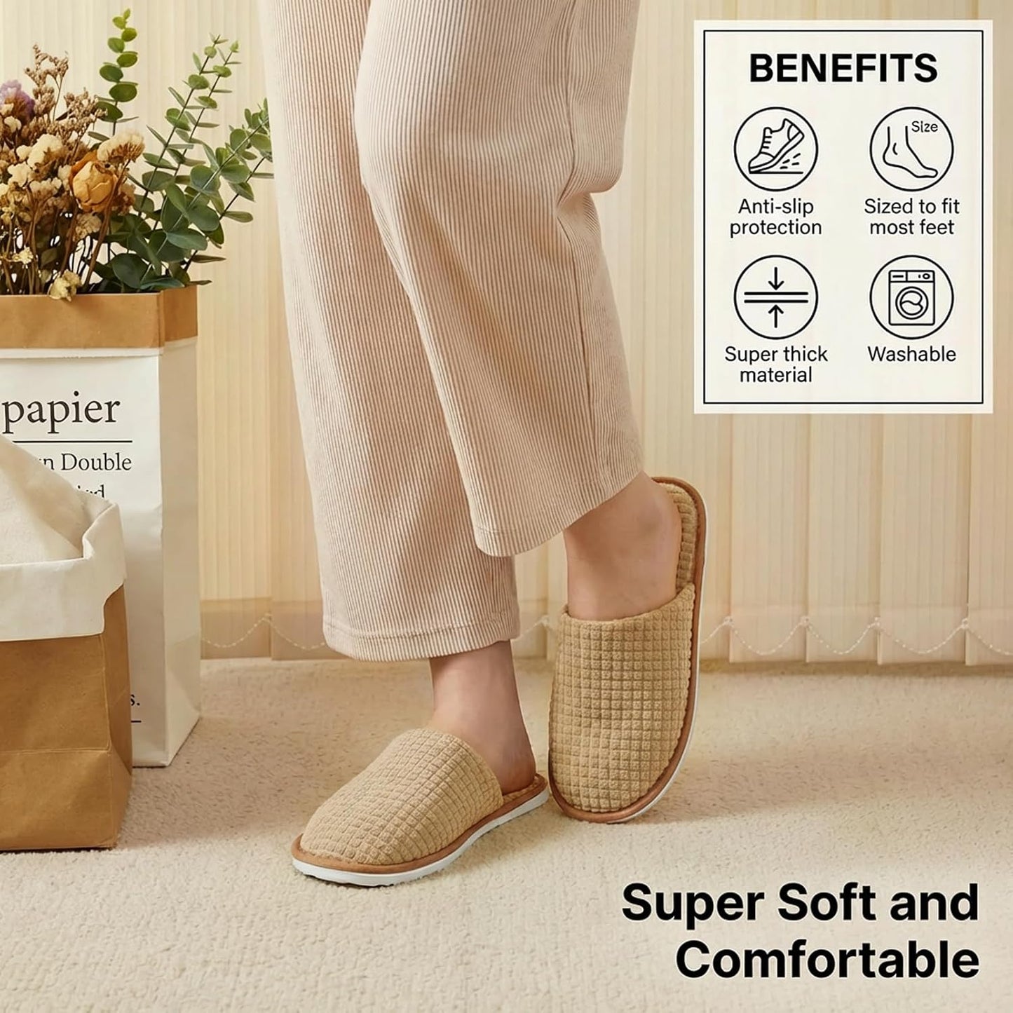Spa Slippers - Non-Slip Washable Indoor Slippers for Men & Women | Beige, Reusable for Hotels & Travel