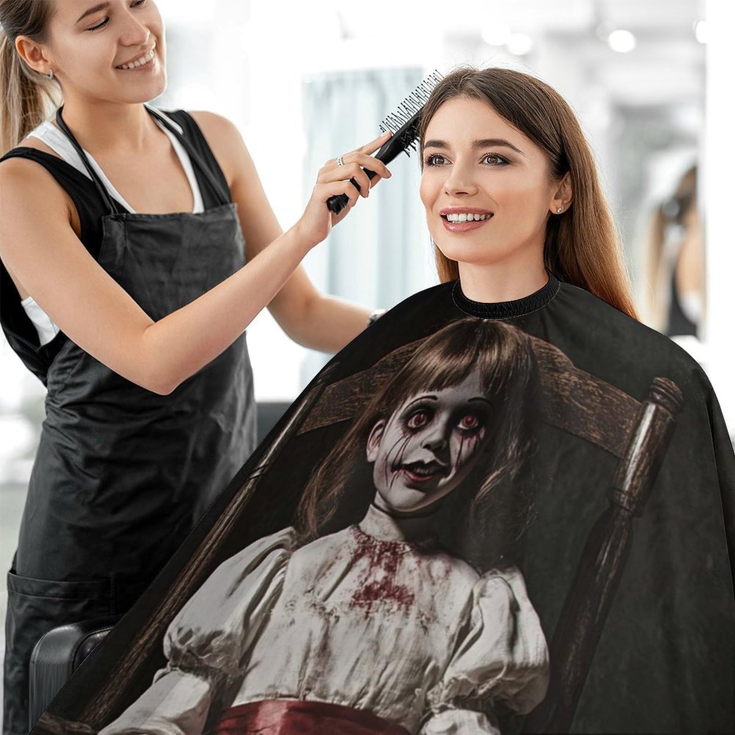 Fashion Easy Clean Professional Barber Cape Waterproof Haircut Cape with Adjustable Closure Scary Horror Girl Doll Black