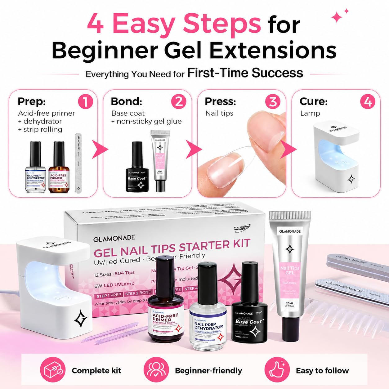 Nail Extension Starter Kit | Gel Tips Set for Beginners - Medium Almond 504 Pcs with Base Coat & UV Lamp