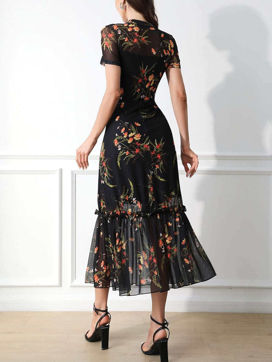 Floral Mesh Ruffle Maxi Dress for Women - Casual Summer Wedding Guest Dress | Short Sleeve, Waist-Cinched