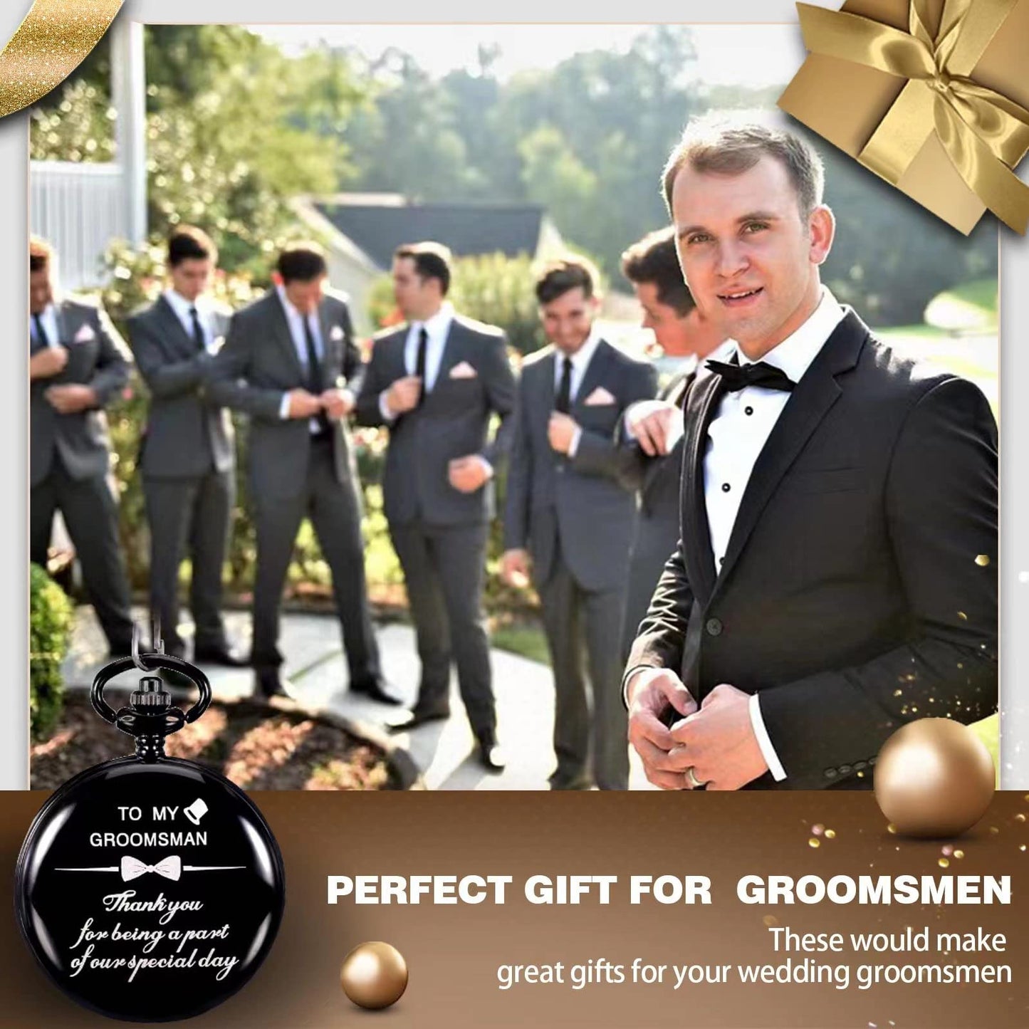 Yewkit 4 Pcs Groomsman Gifts for Wedding Groomsmen Engraved Pocket Watch Best Man Proposal Gifts Roman Numerals Quartz Pocket Watch Wedding Gifts with Chain for Groomsman Best Man