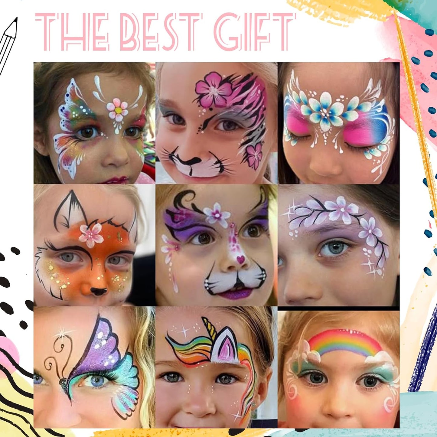 Face Painting Kit for Kids - 42 Color Non-Toxic Water Activated Makeup Set with Brush, Stencil & Sponge | Perfect for Parties & Holidays