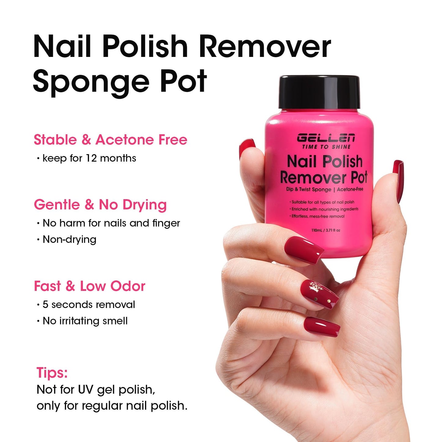 GELLEN Nail Polish Remover Jar, Fragrance Acetone Free, 5-9s Quick Removal