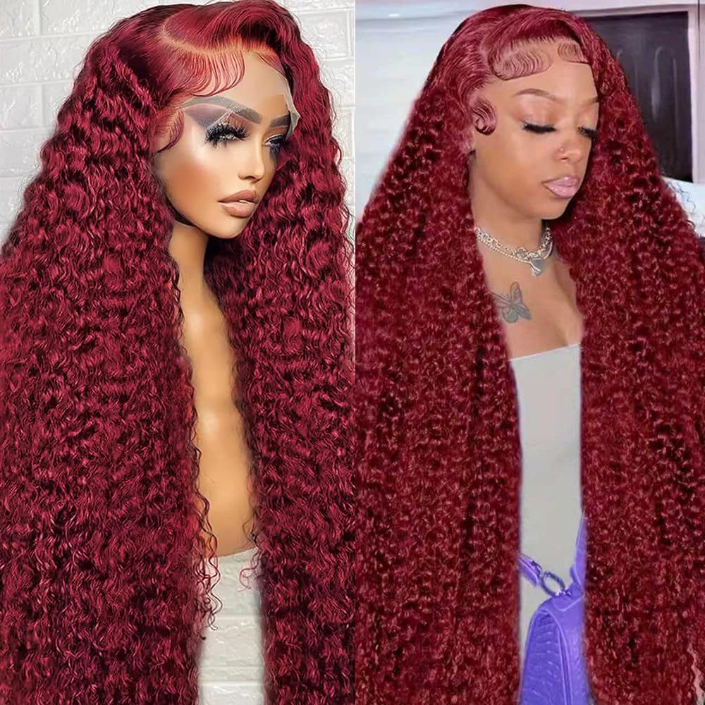 Burgundy 250 Density Human Hair Wig - 30 Inch 13x6 Deep Wave Lace Front | Pre-Plucked HD Transparent Lace Frontal for Women