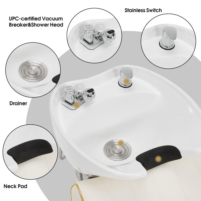 BarberPub Backwash Shampoo Chair and Bowl Set, Adjustable Porcelain Ceramic Wash Bowl Sink Unit, Luxurious Shampoo Station Chair for Spa Beauty Salon Hair Salon 9175 (Luxurious, Cream White)
