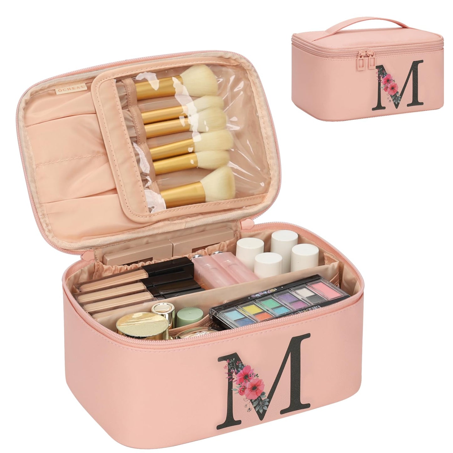 OCHEAL Initial Makeup Bag,Monogram Make up Bag Pink Travel Makeup Organizer Case Beauty Toiletry Cosmetic Bag with Brush Holder, Trendy Stuff Personalized Gifts for Women and Girls-M