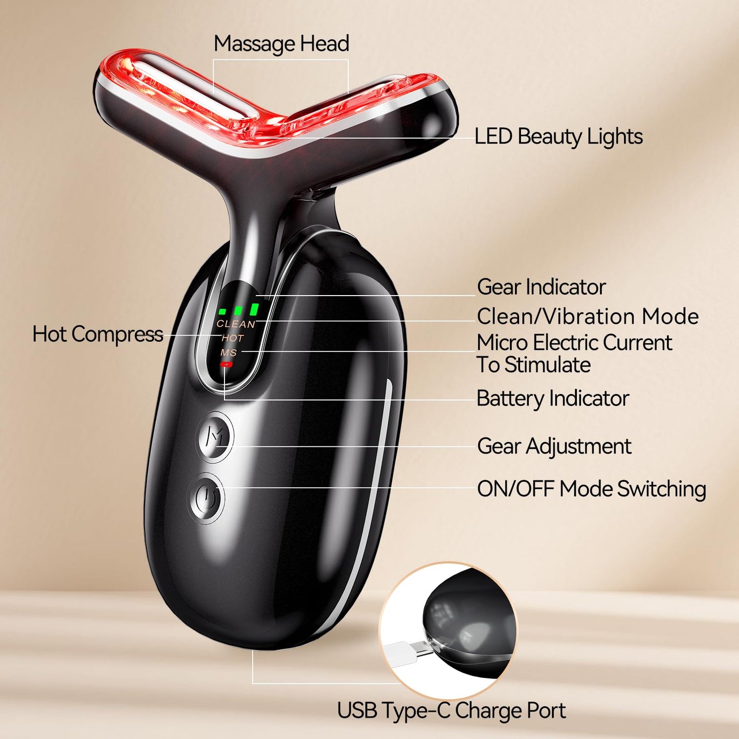 Micro-Current Facial Beauty Device, Red Light Therapy for Face and Neck with Vibration, 3 Color LED Mode Face Massager for Treat Facial Wrinkles and Skin Care - FDA Cleared (Black)