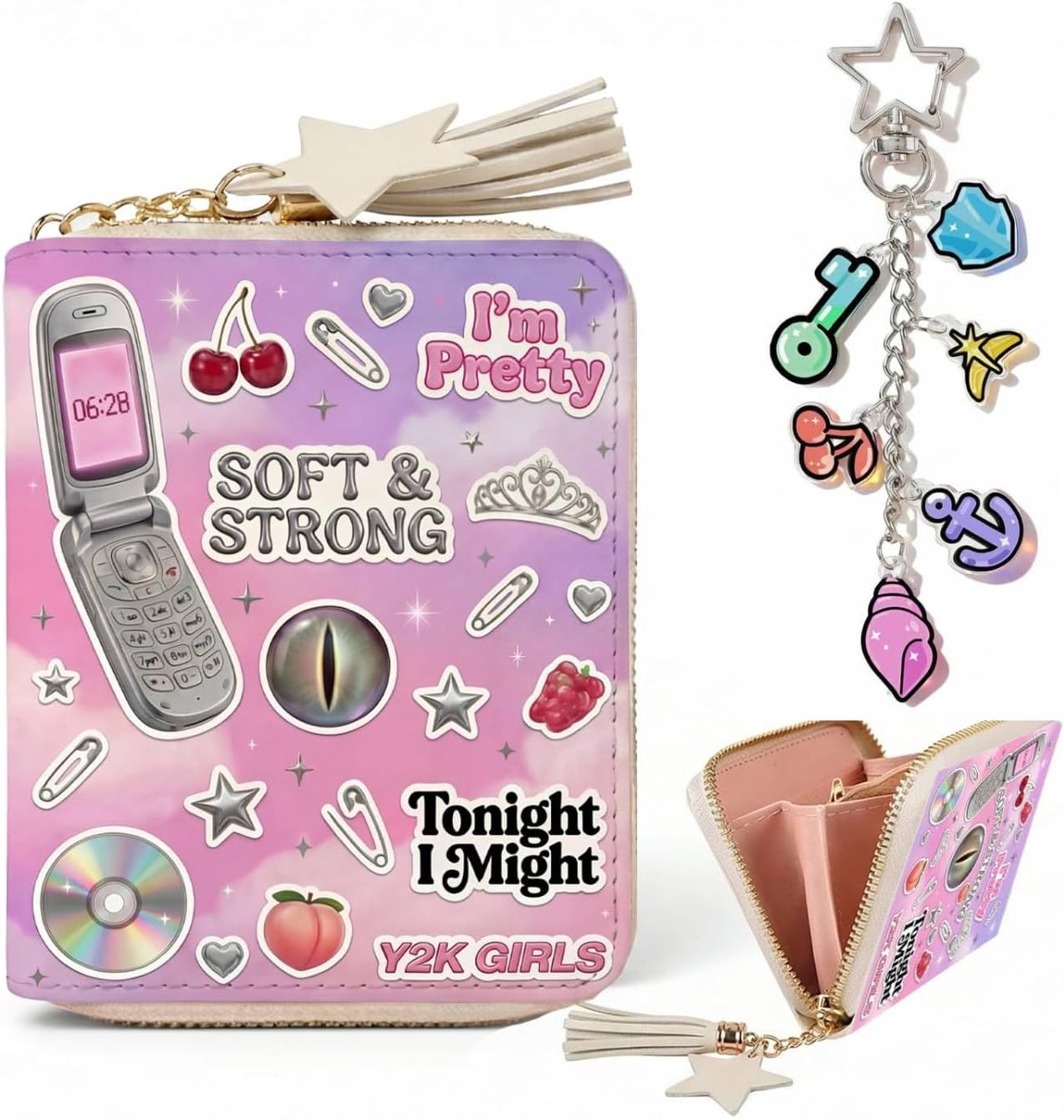 Y2K Aesthetic Wallet & Keychain Set - Cute Star Tassel Coin Purse with Acrylic Charms | Nostalgic 2000s Style Accessories