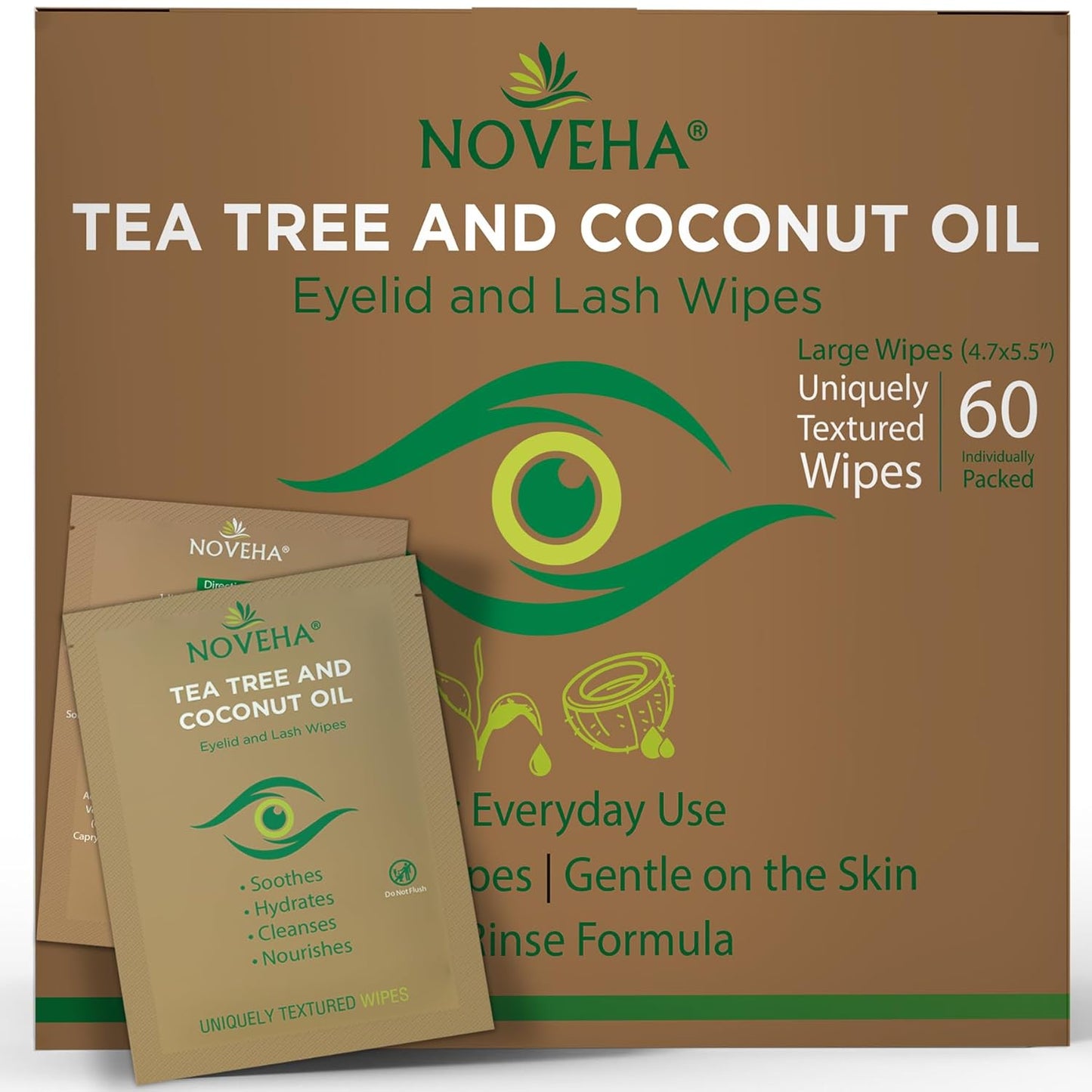 NOVEHA Tea Tree & Coconut Oil Eyelid Wipes - 60 Individually Wrapped Makeup Remover Wipes for Itchy Eyes | Aloe Vera Infused