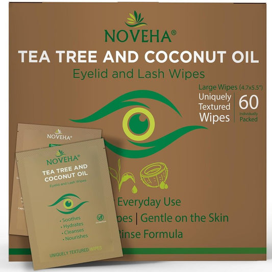 NOVEHA Tea Tree & Coconut Oil Eyelid Wipes - 60 Individually Wrapped Makeup Remover Wipes for Itchy Eyes | Aloe Vera Infused
