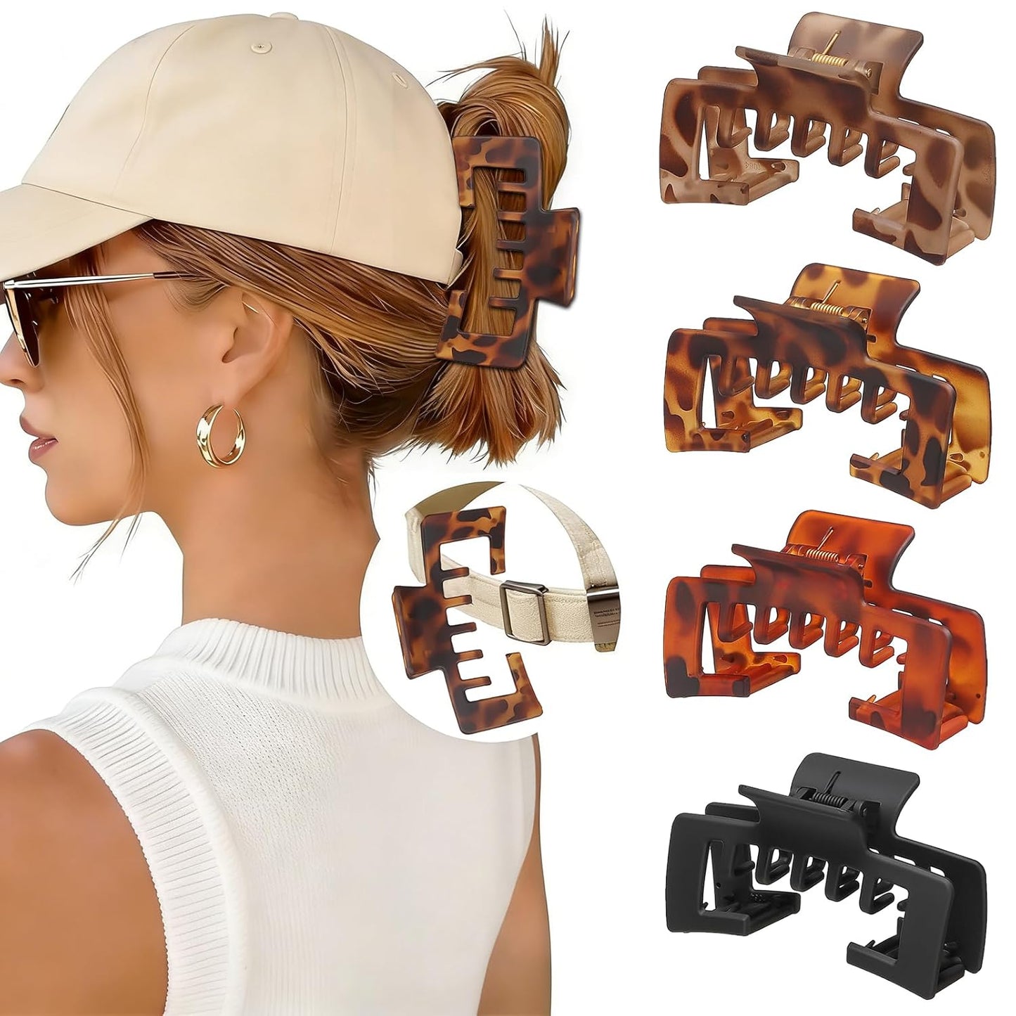 Hat-Friendly Claw Clips for Baseball Caps - 4 Pack Strong Hold Matte Tortoise Hair Accessories for Women | Perfect for Thick or Thin Hair
