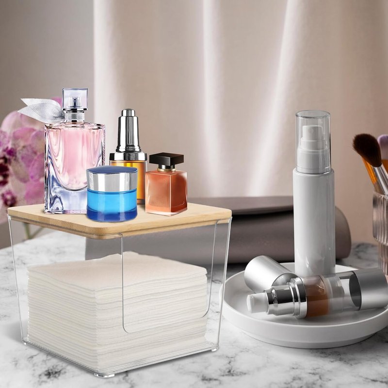 Acrylic Face Towel Holder - Upgrade Large Disposable Facial Towels Storage Box with Bamboo Lid | Bathroom Vanity Organizer