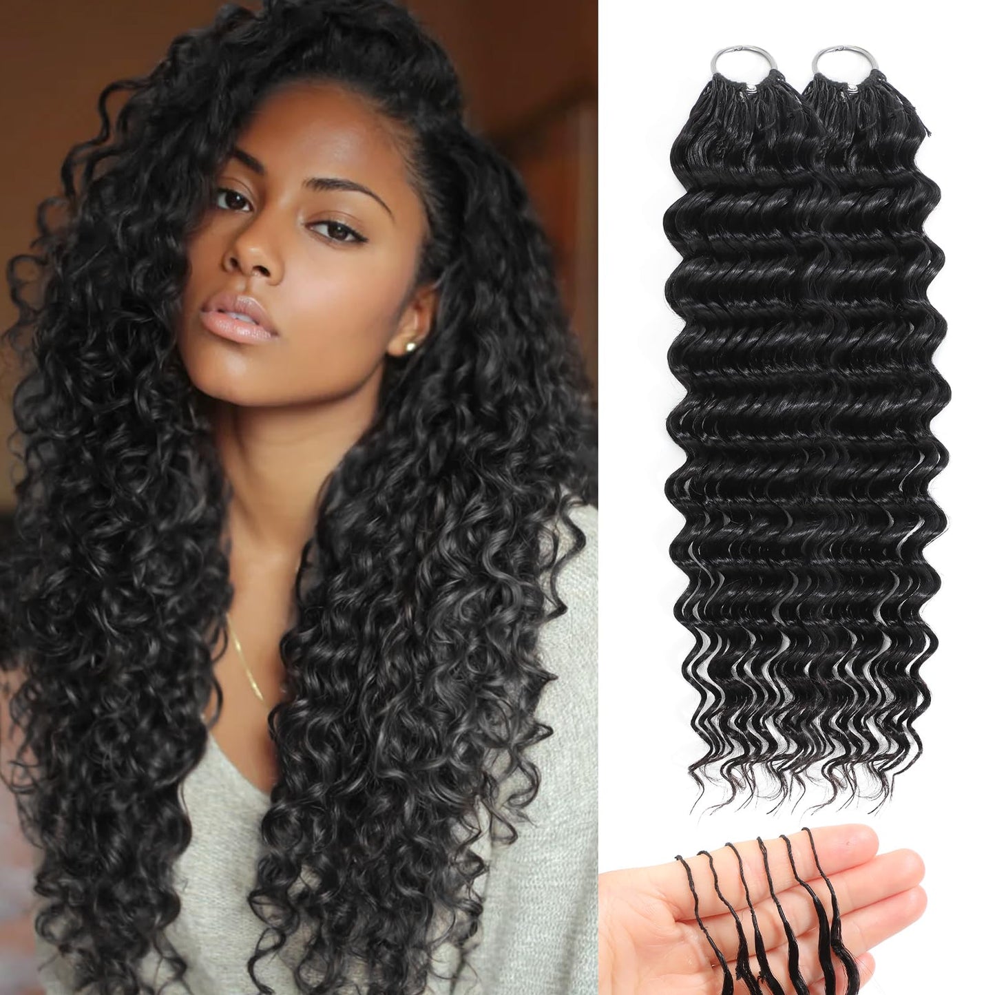 Human Crochet Hair for Black Women 22 Inch 60g Miracle Knots Hair Deep Wave Feather Crochet Human Hair Bundles Invisible Boho Crochet Hair Extensions 38 Strands Natural Black