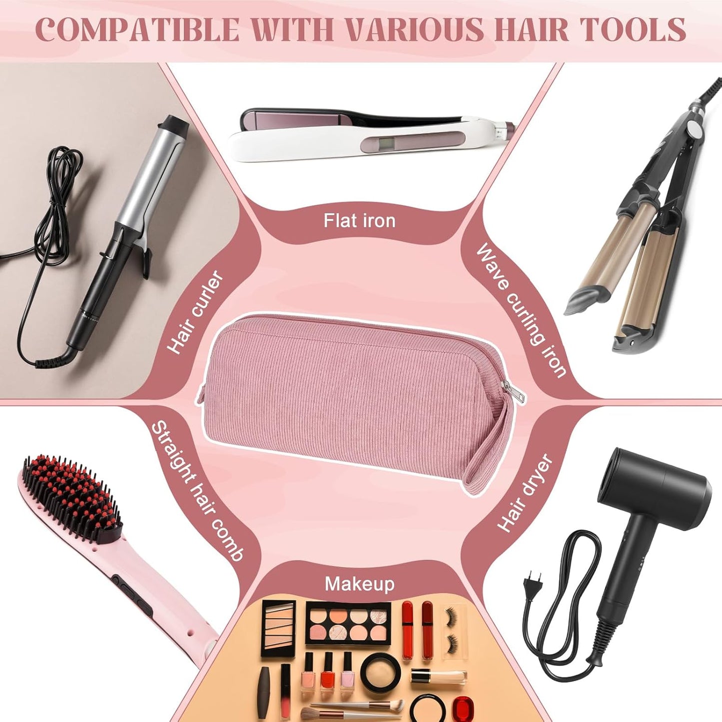 Travel Hair Tools Organizer Bag - Large Pink Corduroy with Handle | Hot Styling Tools & Accessories Storage