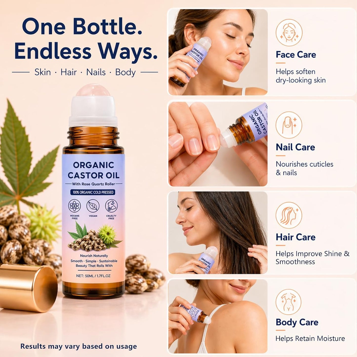 100% Pure Cold Pressed Castor Oil - Hexane-Free Roll-On Applicator for Face, Body, Hair & Scalp Care (1 oz)