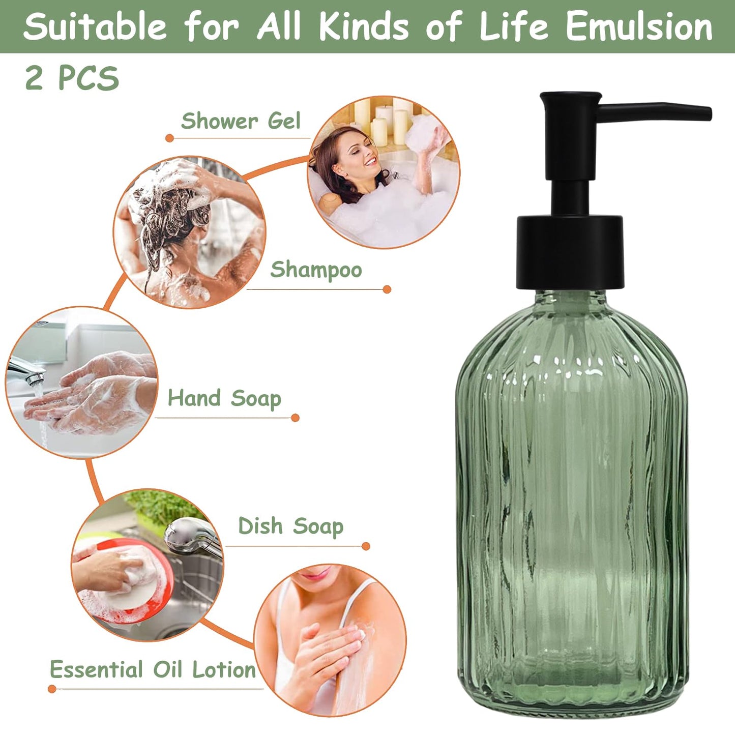 Green Glass Soap Dispenser Set with Black Pump, 13.5oz Refillable Liquid Hand Soap Dispenser, Lotion Dish Soap Dispenser for Modern Home Decor, Bathroom, Kitchen Countertop, Hotel(2 Pack)