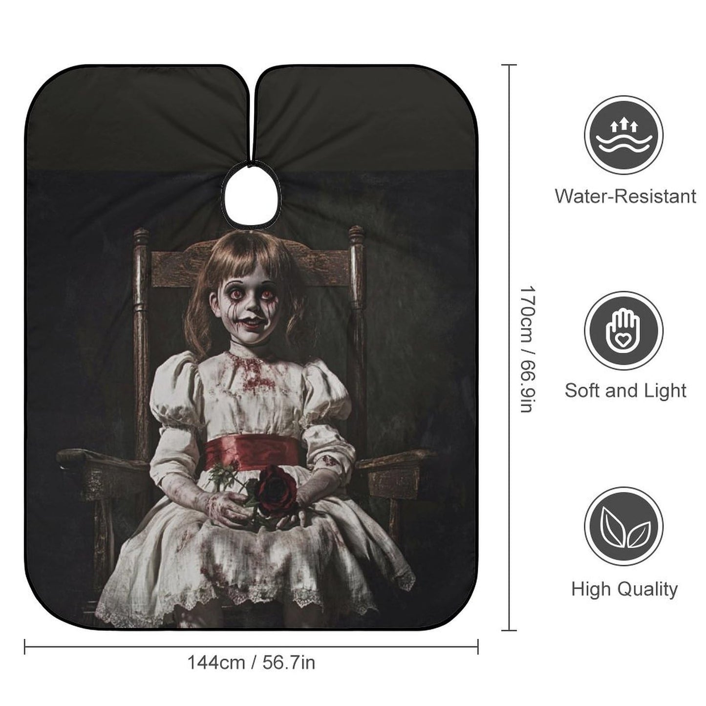 Fashion Easy Clean Professional Barber Cape Waterproof Haircut Cape with Adjustable Closure Scary Horror Girl Doll Black