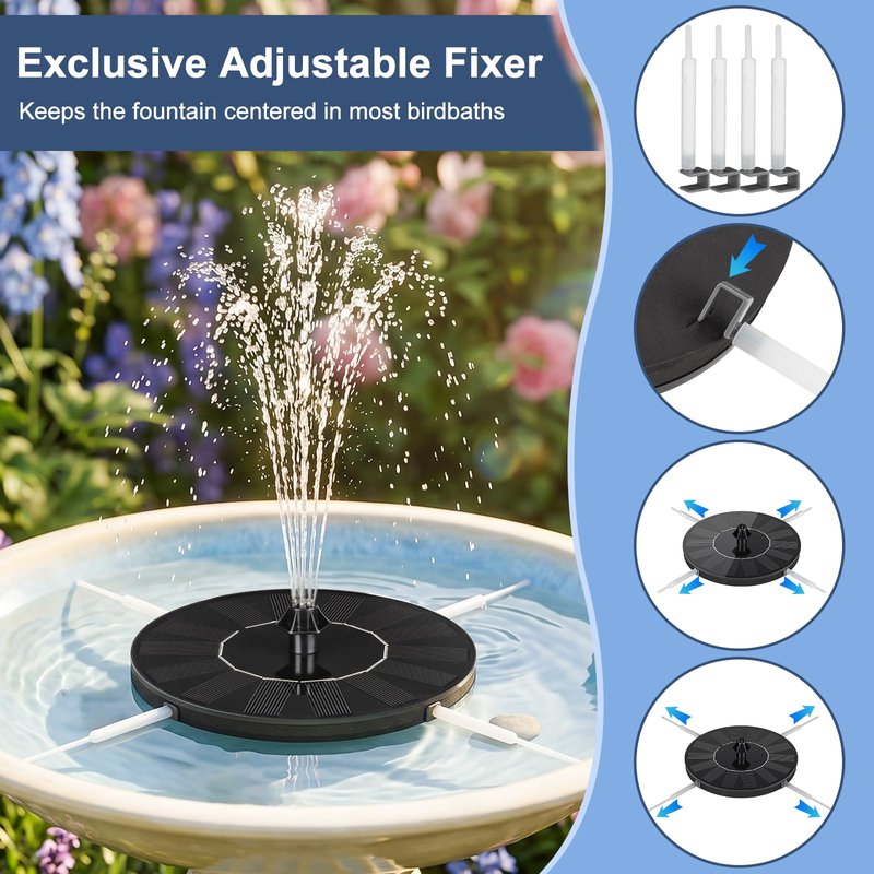 Mademax Solar Bird Bath Fountains, Upgrade 1.4W Solar Fountain Pump with 8 Nozzles & 4 Brackets, Free Standing Floating Solar Powered Water Fountain Pump for Bird Bath, Garden, Pond, Pool, Outdoor