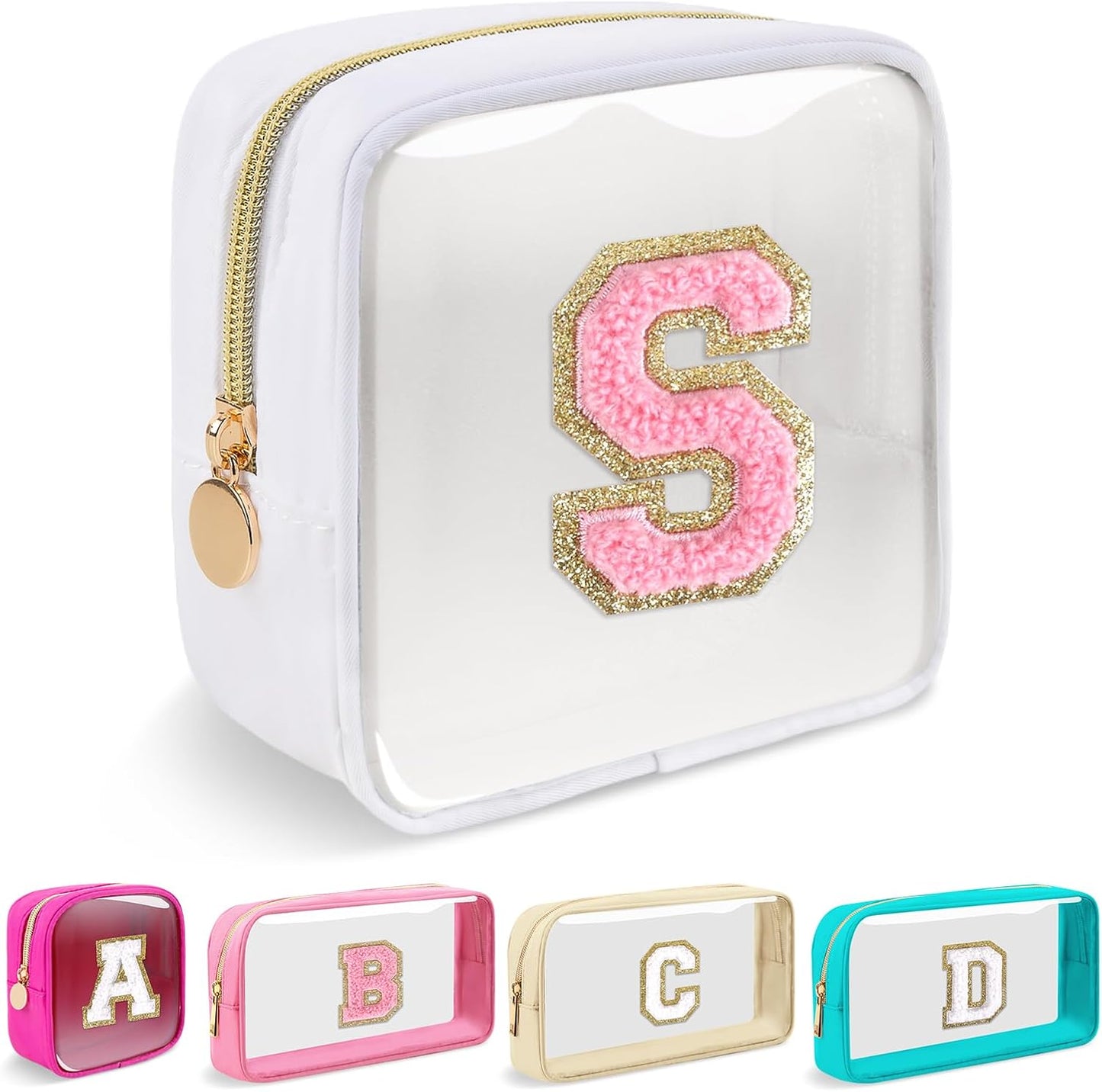 Personalized Initial Makeup Bag - Waterproof Nylon Cosmetic Pouch | A-Z Chenille Letter Patch, White-Pink G