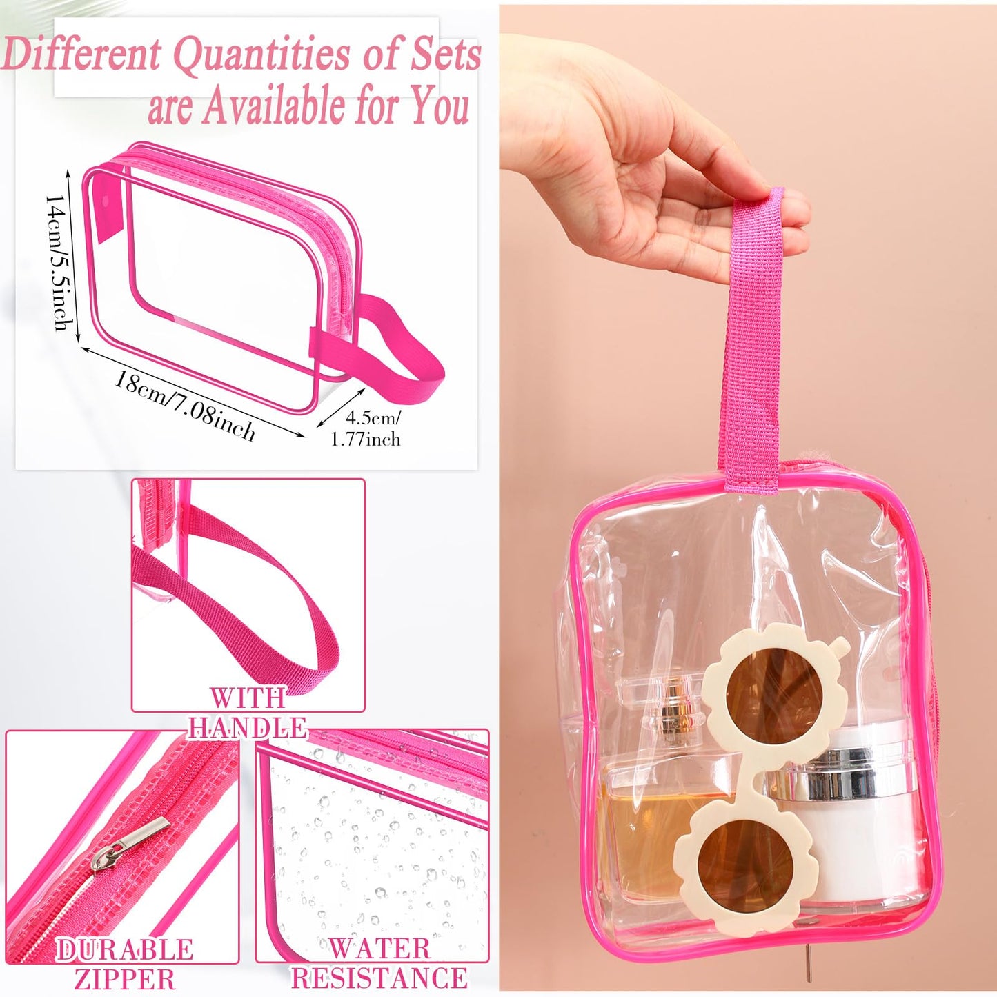 Silkfly 24 Pack Rose Pink Clear Toiletry Bag PVC Travel Cosmetic Bag with Handle Strap Makeup Pouch with Zipper for Women Summer Vacation Salon Teacher Gift