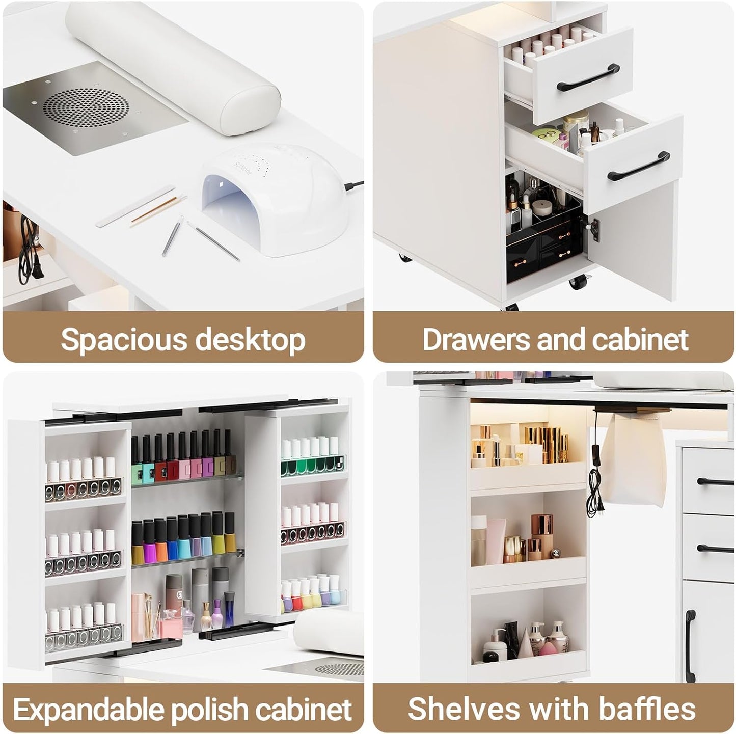 Manicure Table - Nail Desk with LED Light & Dust Collector | Extendable Polish Cabinet, White
