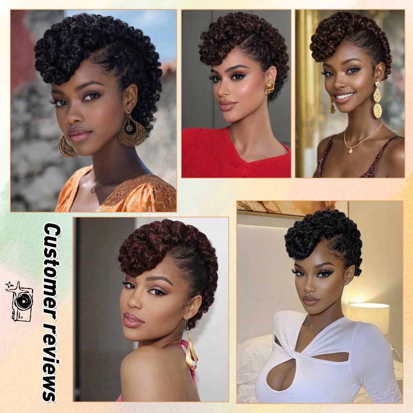 Curly Gray Mohawk Wig - Short Synthetic Ponytail with Bangs | Fluffy Kinky Curly Hair Extension 1B/Grey