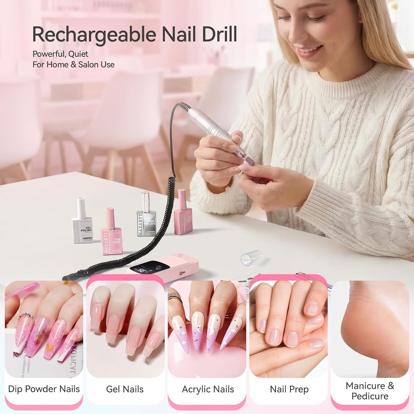 Rechargeable Electric Nail Drill - 35000 RPM Efile for Acrylic Gel Polishing | Cordless with LED Display & Storage Stand (Pink)