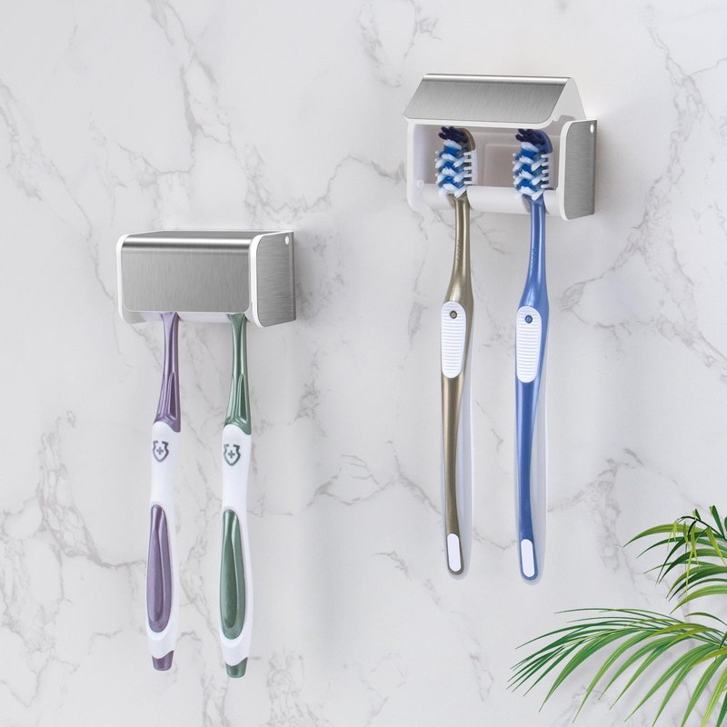 PARKMANI 2 PCS Toothbrush Holders Wall Mounted with Cover, Electric Tooth Brushing Holder for Bathroom, 2 Slots Self Adhesive Toothbrush Organizer for Family, Kids (2, Brushed Silver)