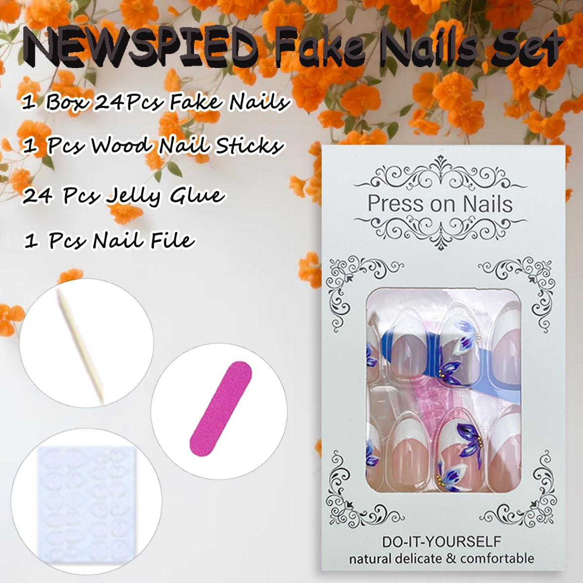 French Tip Press-On Nails - 24 Pcs Medium Almond 3D Flower Design | Glossy Acrylic Full Cover with Gold Pearl Accents