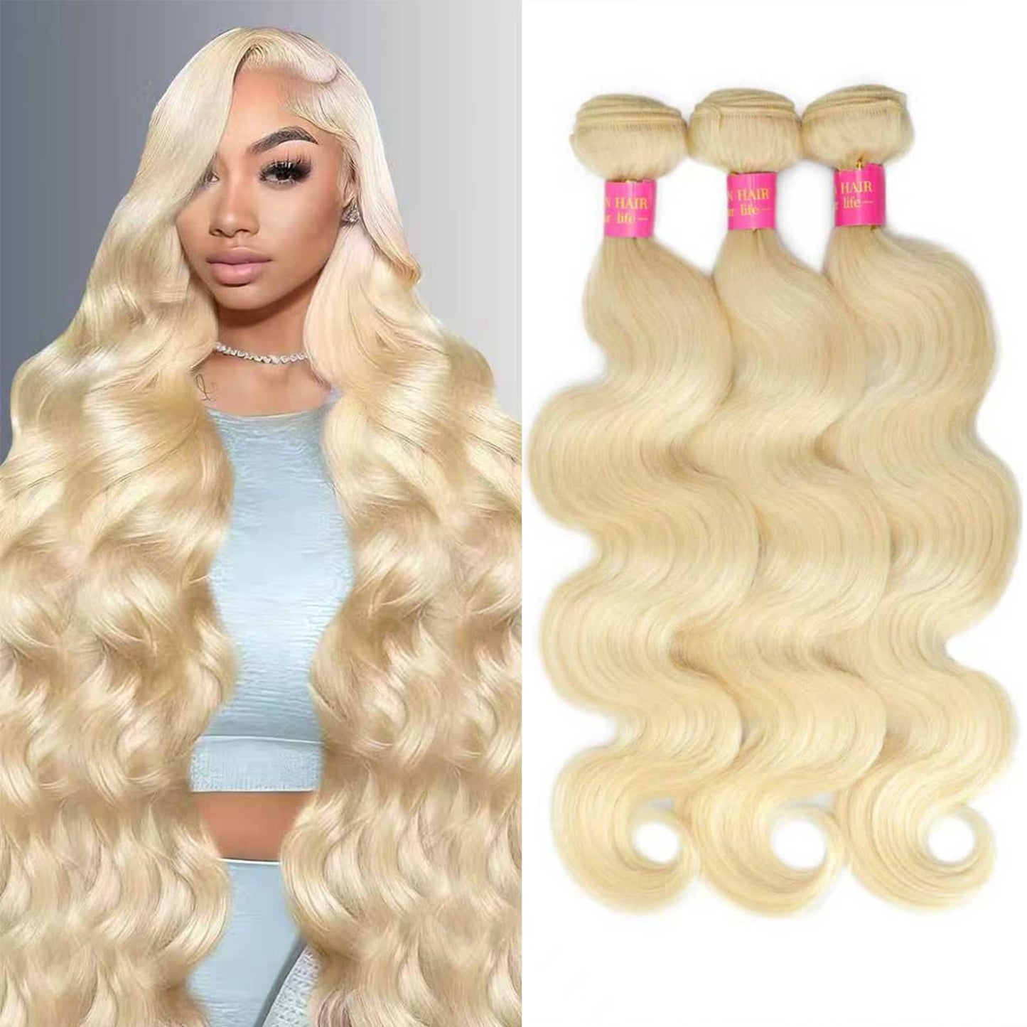 613 Body Wave Blonde Bundles Human Hair 28 30 32Inch 3 Bundles Human Blonde Hair Extensions，100% Real 14A Brazilian Virgin Raw Easy to Dye No Synthetic Blend No Tangle No Shedding 3X-Lifespan