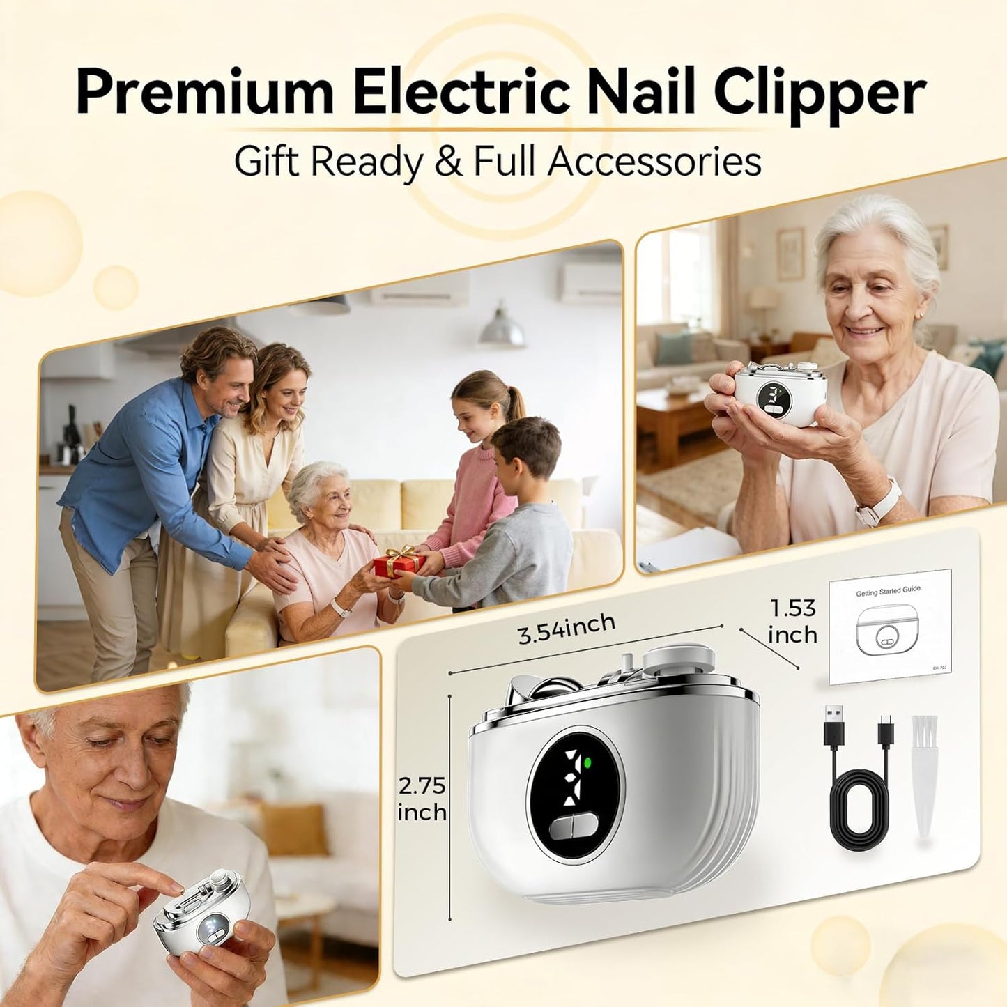 Automatic Electric Nail Clipper - 3-in-1 Dual-Blade Trimmer with LED Lamp & Storage | Rechargeable Safe Nail Care Tool for All Ages (White)