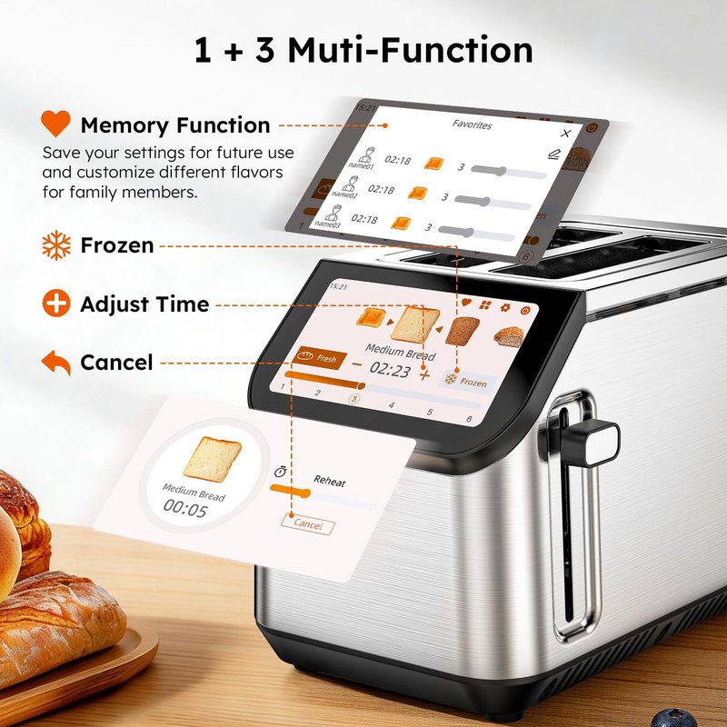 Smart Toaster 2 Slice Wide Slot LCD Touch Screen, Stainless Steel Toaster with Memory Function, 10 Bread Types & 6 Shade Settings, Fast Even Toast, Removable Crumb Tray, 900W