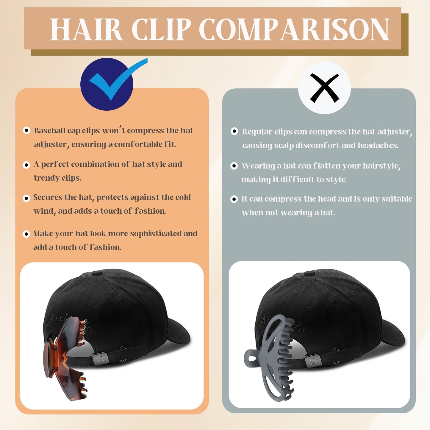 3 Pcs Large Trucker Hair Claw Clip for Hat, Baseball Claw Clips for Women, Acetate Tortoise Shell Non-Slip Strong Hold Hat Hair Clips, Claw Clips for Thick Hair Hat Hairstyles, Gifts Hair Accessories