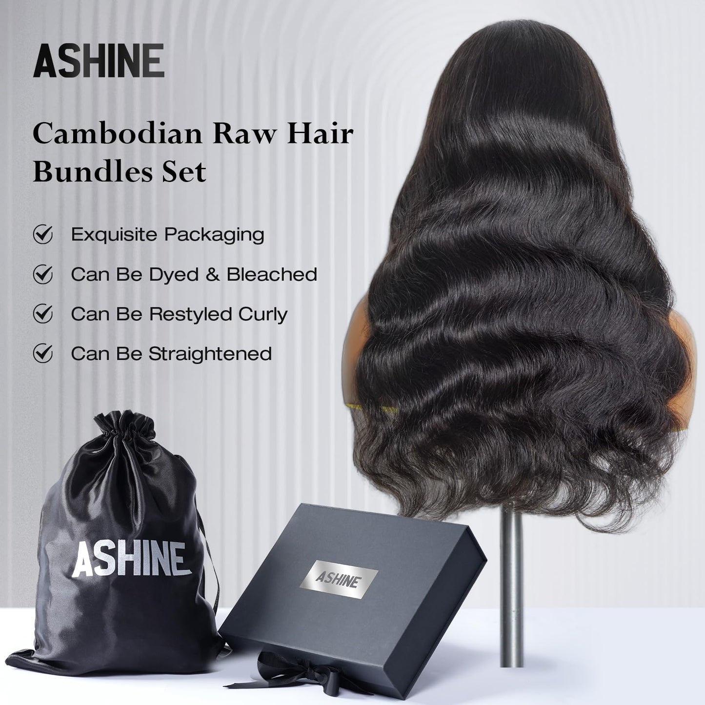 ASHINE Human Hair Bundles Body Wave, Unprocessed Cambodian Raw Hair Bundles for Women Natural Black 14 16 18 Inch, Keep Soft and Silky After Multiple Washes