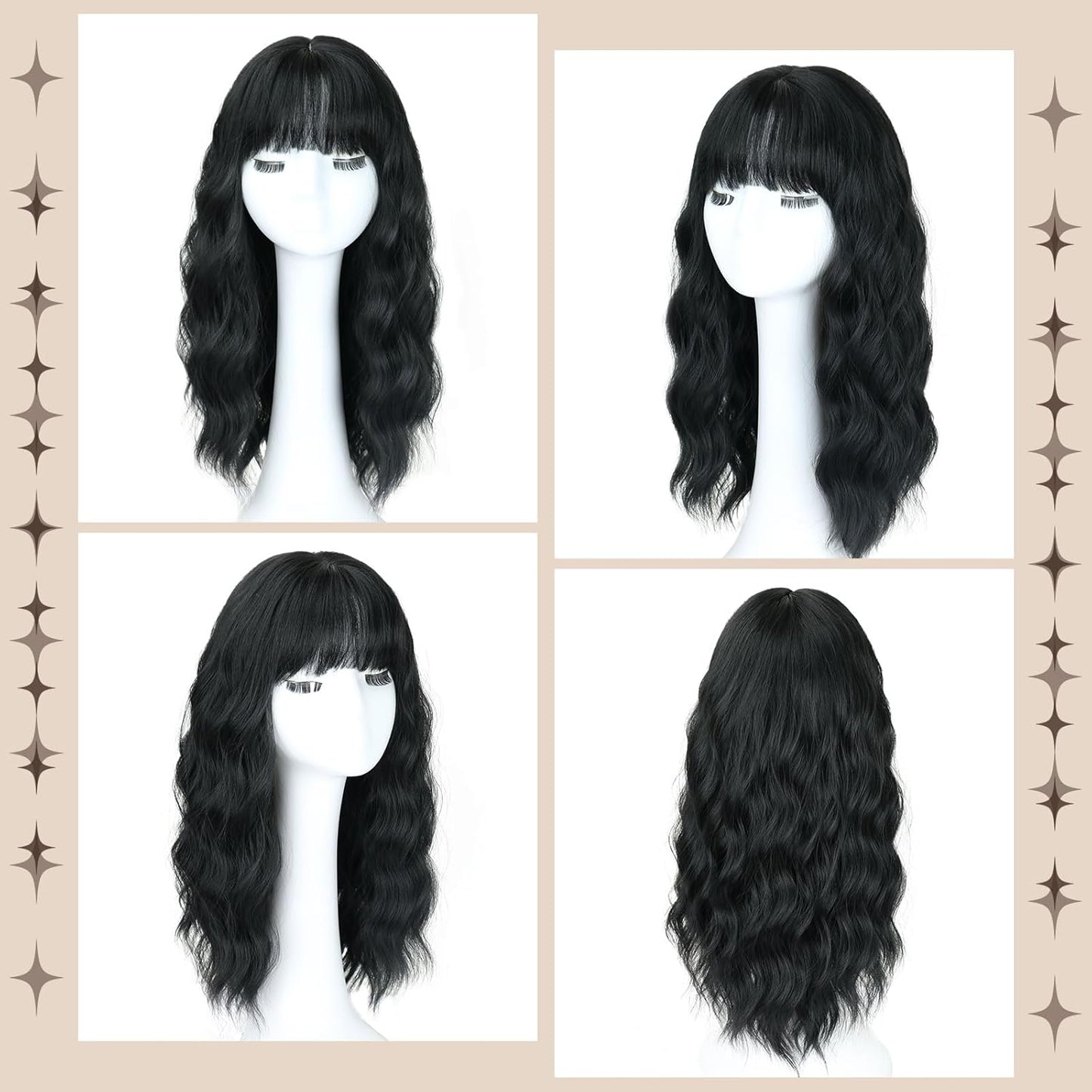 Long Wavy Black Wig for Women - 20-Inch Shoulder-Length Synthetic Hair with Bangs | Heat Resistant